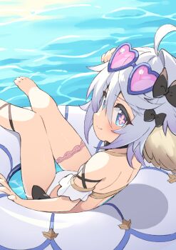 Rule 34 | 1girl, adjusting eyewear, ahoge, animal ears, arm ribbon, barefoot, bikini, black bow, black ribbon, blue eyes, blush, bow, breasts, closed mouth, detached sleeves, eyewear lift, flipped hair, flower-shaped pupils, foot out of frame, from behind, granblue fantasy, hair between eyes, hair bow, hand on eyewear, heart, heart-shaped eyewear, hiyaya (kochi michikaze), innertube, knees together feet apart, leg ribbon, looking at viewer, looking back, medium hair, on innertube, pink-tinted eyewear, pink pupils, ribbon, short sleeves, sideways glance, sitting, small breasts, smile, solo, sunglasses, swim ring, swimsuit, symbol-shaped pupils, thigh gap, thigh strap, tinted eyewear, toes, v-shaped eyebrows, wamdus (granblue fantasy), water, white bikini, white hair