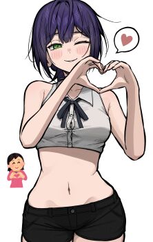 1girl ;) absurdres aguxxxuu black_ribbon black_shorts breasts chainsaw_man closed_mouth crop_top grey_shirt hair_ornament heart heart_hair_ornament highres irasutoya irasutoya_challenge looking_at_viewer medium_breasts navel neck_ribbon one_eye_closed purple_hair reference_inset reze_(chainsaw_man) ribbon shirt shorts sleeveless sleeveless_shirt smile solo speech_bubble spoken_heart