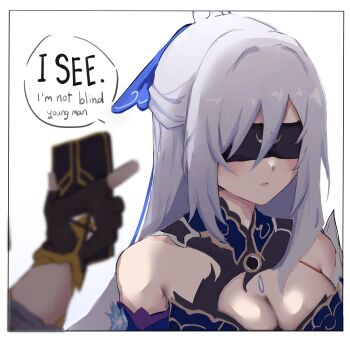 Rule 34 | absurdres, black gloves, blindfold, blue dress, caelus (honkai: star rail), dress, gloves, grey hair, high ponytail, highres, holding, holding phone, honkai: star rail, honkai (series), huge moon, jingliu (honkai: star rail), meme, moon, naykainaw, phone, photoshop (medium), ponytail, trailblazer (honkai: star rail)