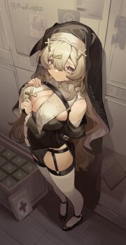 Rule 34 | 1girl, absurdres, arm under breasts, bare shoulders, black leotard, black shoes, black sleeves, black veil, blush, breasts, brown hair, character request, chest belt, chinese commentary, cleavage, closed mouth, commentary request, cross, crying, crying with eyes open, detached sleeves, english text, first aid kit, frilled sleeves, frills, from above, garter belt, gradient hair, grey eyes, grey hair, hair between eyes, hair ornament, hand on own chest, high heels, highleg, highleg leotard, highres, holding, holding cross, indoors, large breasts, leotard, long hair, long sleeves, maidcode1023, multicolored hair, nun, pixiv username, rimworld, shoes, sidelocks, solo, standing, tears, thighhighs, thighs, triangle hair ornament, twitter username, veil, white thighhighs, wide sleeves