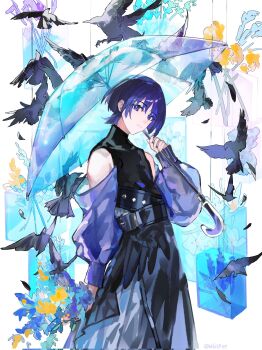 1boy alternate_costume arm_at_side belt belt_buckle bird black_belt black_pants black_shirt blue_umbrella buckle casual closed_mouth commentary_request contemporary cowboy_shot crow cube detached_sleeves expressionless eyelashes flower genshin_impact hand_up head_down highres holding holding_umbrella looking_at_viewer male_focus outdoors pants plant purple_eyes purple_hair purple_pupils purple_sleeves scaramouche_(genshin_impact) see-through_clothes see-through_sleeves shirt solo transparent transparent_umbrella turtleneck turtleneck_shirt twitter_username umbrella whisper_(suisuibingtang) wisteria