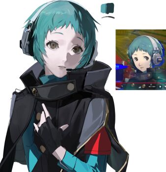 1girl aqua_hair aqua_shirt armband black_capelet black_gloves brown_eyes capelet ezl241 fingerless_gloves game_screenshot_inset gloves hand_on_own_chest headset highres long_sleeves looking_at_viewer parted_lips persona persona_3 persona_3_reload red_armband s.e.e.s shirt short_hair simple_background solo upper_body white_background yamagishi_fuuka