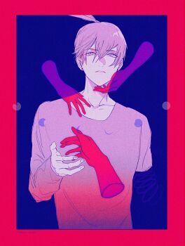 Rule 34 | 1boy, artist name, blue background, border, chainsaw man, commentary request, disembodied hand, earrings, hair between eyes, hayakawa aki, highres, jewelry, looking at another, male focus, nogawa kalk, red border, shirt, short hair, simple background, topknot, upper body