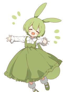 1girl :d absurdres blush closed_eyes collared_shirt dot_nose dress facing_viewer green_dress green_hair green_shoes head_tilt highres long_dress long_hair low-tied_long_hair notice_lines ojou-sama_zundamon open_hands open_mouth outstretched_arms pinafore_dress pleated_dress reaching reaching_towards_viewer shirt shoes sidelocks simple_background sleeveless sleeveless_dress smile socks solo voicevox white_background white_shirt white_socks zundamon zungurimukkuri_tarou