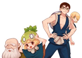 Rule 34 | 1girl, 3boys, bald, beard, blonde hair, brown eyes, brown hair, commentary request, dr. stone, dwarf, facial hair, food, fruit, ginro (dr. stone), glasses, green eyes, hair over one eye, hands on own hips, hat, helmet, kaseki (dr. stone), kinro (dr. stone), long beard, multiple boys, multiple girls, old, old man, open mouth, rope, short hair, siblings, simple background, smile, suika (dr.stone), ta ra mo, watermelon, white background