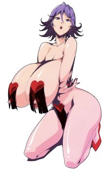 1girl arms_under_breasts ass breast_curtains breasts completely_nude heart_pasties highres huge_ass huge_breasts kneeling mature_female miura_takehiro mole mole_under_mouth nipples nude open_mouth original pasties pelvic_curtain purple_eyes purple_hair red_earrings red_footwear solo