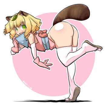 1girl animal_ears ass back_bow bandana bent_over blonde_hair blush bow brown_sandals commentary_request dated drill_hair full_body gloves green_eyes grey_bandana grey_sash highres hinaichigo itini-sanshi leaf leaf_on_head leotard looking_at_viewer looking_to_the_side obi open_mouth pink_background pink_bow pink_gloves pink_leotard quad_drills raccoon_ears raccoon_girl raccoon_tail rozen_maiden sandals sash short_hair simple_background smile solo tail thighhighs white_background white_thighhighs