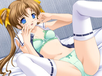 Rule 34 | 00s, 1girl, bed, bottomless, bow, bow bra, bow panties, bra, female focus, frilled bra, frills, game cg, green bra, green panties, lamune, lingerie, lying, nakazato hikari, no pants, on back, open clothes, open shirt, panties, shirt, solo, thighhighs, twintails, underwear, white thighhighs