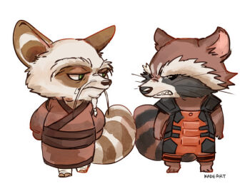 2boys angry animal_ear_fluff animal_ears artist_name barefoot black_fur braid braided_beard brown_fur chinese_clothes clenched_teeth closed_mouth commentary english_commentary facial_hair fangs furry furry_male guardians_of_the_galaxy half-closed_eyes kadeart kung_fu_panda long_mustache looking_at_another male_focus marvel marvel master_shifu multicolored_fur multiple_boys mustache orange_shirt raccoon_boy raccoon_ears raccoon_tail red_panda_boy red_panda_ears red_panda_tail rocket_raccoon serious sharp_teeth shirt striped_fur tail teeth whiskers white_background white_fur