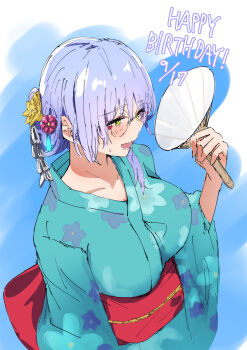 1girl absurdres aqua_kimono blue_hair blue_kimono blush breasts collarbone commentary_request cycloneactionx floral_print flower glasses green_eyes hair_flower hair_ornament hand_fan happy_birthday heaven_burns_red highres holding holding_fan izumi_yuki_(heaven_burns_red) japanese_clothes kimono large_breasts obi open_mouth paper_fan robe sash smile solo yukata