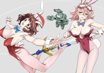2girls animal_ear_hairband animal_ears arched_back blue_bow blue_bowtie bow bowtie breasts brown_eyes brown_hair commentary_request company_connection daicon_bunny_girl daicon_iv detached_collar fake_animal_ears flcl flipped_hair gainax goggles goggles_on_head green_eyes grey_background hairband haruhara_haruko highres large_breasts leotard looking_at_viewer mecha multiple_girls nishieda pantyhose pink_hair pink_pantyhose playboy_bunny rabbit_ears rabbit_tail red_leotard robot short_hair side-tie_leotard simple_background strapless strapless_leotard sword tail weapon wrist_cuffs