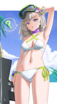 1girl ? aa-12 aa-12_(girls&#039;_frontline) aa-12_(the_sun_never_rises)_(girls&#039;_frontline) absurdres akachi armpits bikini bikini_under_clothes blonde_hair blue_eyes blue_sky breasts bright_pupils cloud commentary_request girls&#039;_frontline goggles goggles_on_head gun hand_on_own_head highres holding holding_gun holding_weapon looking_at_viewer medium_hair official_alternate_costume open_mouth palm_tree scrunchie shirt shotgun side-tie_bikini_bottom sky solo speech_bubble spoken_question_mark swimsuit tree weapon white_bikini white_pupils white_scrunchie wrist_scrunchie
