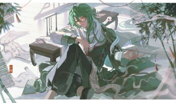 1boy absurdly_long_hair absurdres ahoge alternate_costume animal animal_around_neck arm_rest baizhu_(genshin_impact) bamboo bamboo_screen bead_belt bead_necklace beads black_pants black_robe black_shoes border braid calligraphy_brush capelet changpao changsheng_(genshin_impact) chinese_clothes chinese_commentary eyewear_strap flats foot_out_of_frame genshin_impact glasses green_capelet green_hair hair_between_eyes hair_bun hair_ornament hair_stick half_updo highres holding holding_smoking_pipe indoors jewelry knee_up letterboxed long_hair long_hair_between_eyes long_sleeves looking_at_viewer low-braided_long_hair low-tied_long_hair luningzi male_focus necklace on_floor outside_border paintbrush paintbrush_rack pants parted_lips robe round_eyewear scroll seal_impression shoes side_braid single_hair_bun slit_pupils smile smoke smoking_pipe snake snake_hair_ornament snake_print snake_wrapped_around_neck solo table tassel tassel_necklace two-tone_robe very_long_hair white_border white_robe white_snake wooden_floor yellow-framed_eyewear yellow_eyes