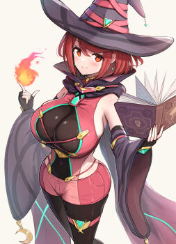 1girl absurdres black_cape black_hat bob_cut book boots breasts cape chest_jewel closed_mouth covered_navel detached_sleeves earrings fingerless_gloves fire full_body gem gloves gonzarez hat high_heel_boots high_heels highres holding holding_book jewelry large_breasts looking_at_viewer nintendo pantyhose pantyhose_under_shorts pyra_(xenoblade) pyrokinesis red_boots red_eyes red_hair short_hair short_shorts shorts simple_background smile solo standing white_background wide_sleeves witch witch_hat xenoblade_chronicles_(series) xenoblade_chronicles_2