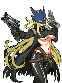 1girl absurdres beelstarmon belt black_coat black_gloves black_pants blonde_hair breasts coat currynoodle_art digimon digimon_(creature) digimon_story:_time_stranger eye_mask gloves gun highres holding holding_weapon large_breasts long_hair mask navel pants simple_background smile solo third_eye underboob weapon