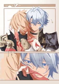 Rule 34 | 2boys, antenna hair, arm tattoo, armlet, armor, back tattoo, black choker, black coat, black gloves, black shirt, blonde hair, blue eyes, cape, chinese commentary, choker, coat, commentary request, earrings, fingerless gloves, gloves, gold earrings, gradient hair, highres, honkai: star rail, honkai (series), jewelry, male focus, medium hair, multicolored hair, multiple boys, mydei (honkai: star rail), neck tattoo, open clothes, open coat, parted bangs, pauldrons, phainon (honkai: star rail), red cape, red hair, red tattoo, shirt, short hair, shoulder armor, side cape, single pauldron, smelling, smelling hair, sun symbol, sun tattoo, tan, tattoo, white coat, white hair, xinjinjumin433277129231, yaoi