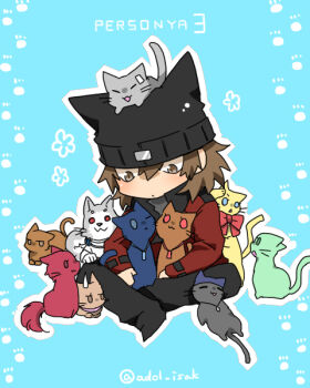 Rule 34 | 1boy, adol (dtdkhn), aigis (persona), amada ken, animal, animal hat, animal on head, animal on lap, animalization, aqua cat, aragaki shinjirou, artist name, beanie, black hat, black pants, blue background, blue cat, brown cat, brown eyes, brown hair, cat, cat hat, closed mouth, commentary request, copyright name, dog, dot mouth, everyone, full body, grey cat, grey dog, hair between eyes, hat, indian style, iori junpei, jacket, kirijou mitsuru, koromaru (persona), looking at animal, looking down, male focus, medium hair, on head, on lap, orange cat, outline, pants, paw print, paw print background, persona, persona 3, persona 3 portable, red cat, red jacket, sanada akihiko, shiomi kotone, simple background, sitting, takeba yukari, white outline, yamagishi fuuka, yellow cat, yuuki makoto (persona 3)