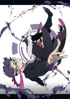 1boy black-framed_eyewear black_hair black_jacket black_pants closed_mouth collared_shirt corbeau_(pokemon) eyewear_strap glasses highres jacket long_sleeves looking_at_viewer male_focus necktie nintendo omothi_pkmn open_clothes open_jacket pants parted_hair pokemon pokemon_legends:_z-a purple_hair purple_shirt round_eyewear shirt short_hair short_sideburns solo undercut upside-down white_necktie yellow_eyes