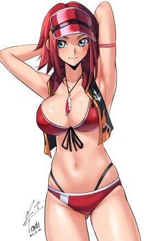 1girl arm_behind_head armpits artist_name bikini blue_eyes breasts cleavage code_geass commentary_request dated highres jacket jewelry kouzuki_kallen large_breasts looking_at_viewer multicolored_jacket navel necklace red_bikini red_hair revision short_hair simple_background solo stomach swimsuit two-tone_jacket visor_cap white_background yoo_tenchi