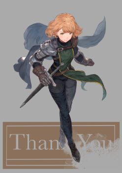 1girl armor black_bodysuit black_thighhighs blonde_hair blue_cape bodysuit bodysuit_under_clothes boots buckle cape commentary dojen english_commentary gauntlets green_eyes grey_background highres holding holding_sword holding_weapon medium_hair original sheath sheathed shoulder_armor smile solo strap surcoat sword text_background thank_you thighhighs weapon
