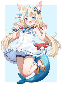 1girl ahoge animal_ear_fluff animal_ears ankle_bow ankle_ribbon bikini bikini_under_clothes blonde_hair blue_bikini blue_bow blue_hair blue_nails blue_scrunchie blunt_bangs blush bow claw_pose crab dot_nose dress fang fins fish_girl fish_tail hair_bow highres indie_virtual_youtuber kaniki_(sameko_saba) lifebuoy_hair_ornament lokyin_house long_hair low_twintails multicolored_hair nail_polish one_side_up paper_boat ribbon sailor_dress sameko_saba sandals scrunchie shorts streaked_hair striped_bikini striped_clothes swimsuit tail twintails very_long_hair virtual_youtuber white_dress white_shorts wrist_scrunchie