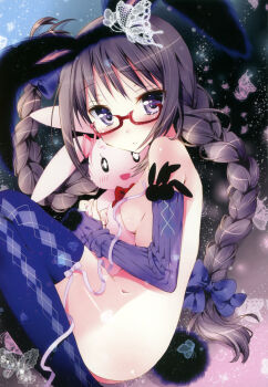 10s 1girl absurdres akemi_homura animal_ears argyle_clothes argyle_thighhighs black_hair blush braid breasts censored convenient_censoring doll elbow_gloves fake_animal_ears female_focus fetal_position fingerless_gloves glasses gloves hairband highres hugging_doll hugging_object kamiya_maneki long_hair looking_at_viewer lying mahou_shoujo_madoka_magica medium_breasts nude on_side purple_eyes rabbit_ears red-framed_eyewear ribbon scan shy solo stuffed_animal stuffed_rabbit stuffed_toy tears thighhighs twin_braids