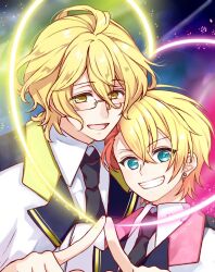 Rule 34 | 2boys, :d, aqua eyes, asymmetrical bangs, black necktie, blonde hair, collared shirt, commentary, cowlick, earrings, finger touching, glasses, gradient hair, green eyes, grin, hair behind ear, hair between eyes, heart, height difference, jacket, jewelry, kurabayashi, kurusu shou, lapels, looking at another, looking at viewer, male focus, multicolored hair, multiple boys, necktie, night, notched lapels, open mouth, pink hair, shinomiya natsuki (uta no prince-sama), shirt, shooting star, short hair, smile, stud earrings, symbol-only commentary, tareme, two-tone hair, uniform, upper body, uta no prince-sama, v-shaped eyebrows, wavy hair, white jacket, white shirt