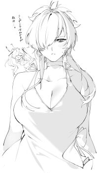 2girls alternate_costume asymmetrical_hair blush breasts chibi choker cinderella_(nikke) cleavage clothing_cutout collarbone dress embarrassed goddess_of_victory:_nikke grave_(nikke) greyscale hair_intakes hair_over_one_eye highres hip_vent large_breasts looking_at_viewer medium_hair monochrome multiple_girls parted_lips shishamo_712 sidelocks simple_background sleeveless sleeveless_dress solo_focus sweatdrop translated upper_body white_background