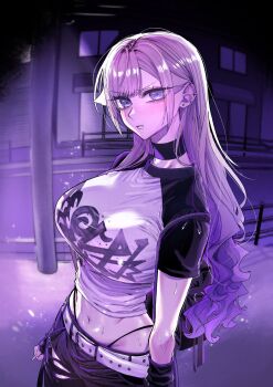 1girl angry blonde_hair blush breasts choker commentary_request crop_top denim ear_piercing egaki_numa g-string glaring grey_eyes gyaru highres konno_komaru large_breasts long_hair looking_at_viewer namaiki_na_gal_ane_wo_wakaraseru_hanashi navel navel_piercing night official_art outdoors pants piercing pov punk solo solo_focus standing sweat sweatdrop thong