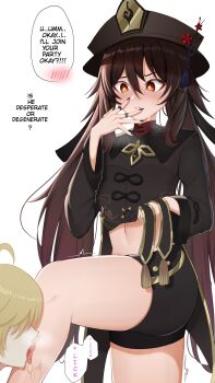 1boy 1girl aether_(genshin_impact) alfa_(alpharig) black_headwear black_nails black_shirt black_shorts brown_hair chinese_clothes clenched_teeth clothes_lift embarrassed english_text flower genshin_impact hair_between_eyes hand_up hat hat_flower highres hu_tao_(genshin_impact) jewelry knee_up licking lifting_own_clothes long_hair long_sleeves looking_down midriff multiple_rings nail_polish navel red_eyes ring saliva shirt shirt_lift short_shorts shorts simple_background solo_focus speech_bubble standing standing_on_one_leg star-shaped_pupils star_(symbol) sweat symbol-shaped_pupils tailcoat teeth thighs trembling twintails very_long_hair white_background