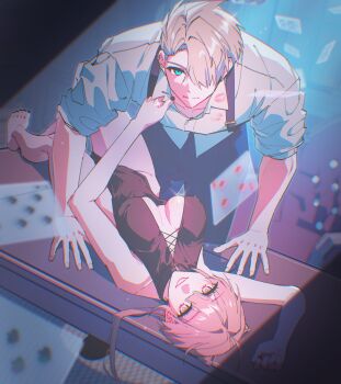 Rule 34 | 1boy, 1girl, barefoot, black dress, black pants, blue eyes, breasts, card, closed mouth, collared shirt, commentary, dreamycakesss, dress, english commentary, floating card, grey hair, hair between eyes, hair over one eye, hetero, highres, indoors, large breasts, lipstick mark, lipstick mark on clothes, looking at viewer, lying, on back, on table, one eye covered, original, pants, pink hair, playing card, shirt, short hair, sleeveless, sleeveless dress, smile, split mouth, table, white shirt