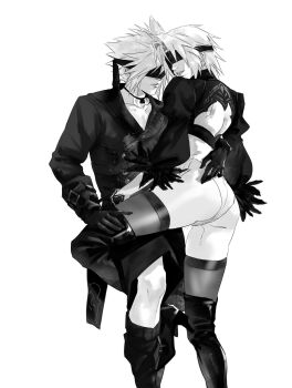 2b_(nier:automata) 2b_(nier:automata)_(cosplay) 2boys 9s_(nier:automata) 9s_(nier:automata)_(cosplay) arm_around_waist ass back_cutout black_boots black_feathers black_gloves black_jacket black_shorts black_thighhighs black_visor blindfold boots closed_mouth clothing_cutout cloud_strife cosplay crossdressing crossdressing_(mtf) feather_trim feathers feet_out_of_frame final_fantasy final_fantasy_vii final_fantasy_vii:_ever_crisis gloves greyscale hair_between_eyes high_heel_boots high_heels highres jacket juliet_sleeves leotard long_sleeves male_focus monochrome multiple_boys parted_bangs parted_lips pendant_choker puffy_sleeves sephiroth sephiroth_(ever_crisis) short_hair shorts smile spiked_hair thigh_boots thighhighs turtleneck white_background white_leotard xiojio293506 yaoi