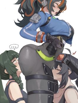 ... 3girls absurdres ahoge ass black_gloves black_hair black_pants blue_jacket blush breasts cropped_jacket face_in_ass fff_threesome from_side gloves goggles goggles_on_head grace_howard green_eyes group_sex highres huge_ass jacket kim_somang large_breasts long_hair long_sleeves multicolored_hair multiple_girls open_mouth orange_eyes orange_hair pants qingyi_(zenless_zone_zero) simple_background spoken_ellipsis streaked_hair threesome tongue tongue_out white_background yuri zenless_zone_zero zhu_yuan