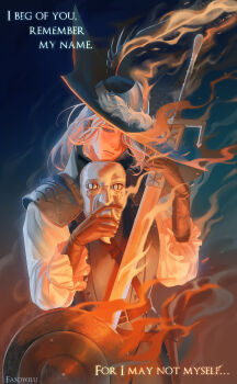 Rule 34 | 1girl, absurdres, armor, black hat, breastplate, brown gloves, closed mouth, commentary, dark souls (series), dark souls ii, english commentary, english text, expressionless, fasow1lu, gloves, hat, highres, holding, holding mask, holding sword, holding weapon, long hair, long sleeves, lucatiel of mirrah, mask, pauldrons, plume, shield, shirt, shoulder armor, smoke, solo, sword, upper body, weapon, white hair, white shirt