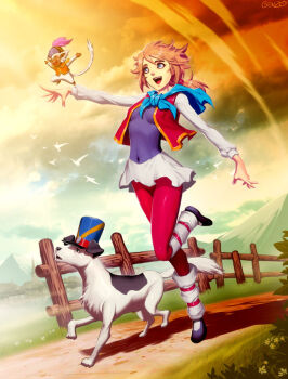 1girl blue_eyes commentary dog female_focus fence genzoman ie_naki_ko_remi miniskirt monkey mountain nippon_animation pantyhose pink_hair red_pantyhose remi_(ie_naki_ko_remi) remi_barberin short_hair skirt solo vest world_masterpiece_theater