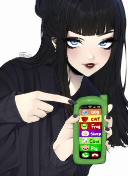 1girl battery_indicator black_hair black_nails black_shirt blue_eyes blunt_bangs cellphone commentary ear_piercing english_commentary fingernails highres holding holding_phone lips lipstick long_hair looking_at_viewer makeup nail_polish original parted_lips phone piercing pointing pointing_at_object red_lips shirt simple_background smartphone smile solo teyoid upper_body white_background wi-fi_symbol