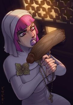 1boy 1girl absurdres angry breasts confessional dress glory_hole habit hetero highres hot_pants_(sbr) imminent_fellatio jojo_no_kimyou_na_bouken large_breasts male_pubic_hair nun penis pink_eyes pink_hair pink_nails pizzapiggy praying pubic_hair purple_lips rosary short_hair steel_ball_run surprised sweat veins veiny_penis white_dress