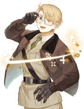 1boy adjusting_eyewear ahoge america_(hetalia) axis_powers_hetalia belt black_belt black_gloves blonde_hair blue_eyes blush breast_pocket brown_jacket brown_pants chest_belt collared_shirt commentary_request cowboy_shot floating_clothes fur-trimmed_jacket fur_trim glasses gloves green_necktie grey-framed_eyewear hair_between_eyes hand_on_own_hip hand_up harutoro_39487 highres jacket leather leather_gloves long_sleeves looking_at_viewer male_focus military_jacket military_uniform necktie open_clothes open_jacket open_mouth pants pocket puffy_long_sleeves puffy_sleeves semi-rimless_eyewear shirt short_hair simple_background smile solo sparkle standing star_(symbol) star_print teeth tongue white_background white_shirt