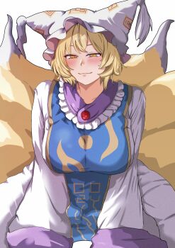 Rule 34 | 1girl, absurdres, blonde hair, blue tabard, blush, breasts, closed mouth, coat, commentary request, crossed bangs, double-parted bangs, dress, feet out of frame, fox girl, fox tail, hat, highres, large breasts, long sleeves, looking at viewer, mob cap, multiple tails, ofuda, purple coat, purple trim, seductive smile, short hair, simple background, sitting, sleeves past fingers, sleeves past wrists, smile, solo, straddling, tabard, tail, touhou, white background, white dress, white hat, wide sleeves, yakumo ran, yellow eyes, zapi (rkuv5352)
