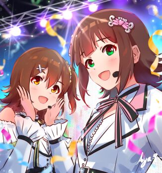 2girls :d amami_haruka artist_name brown_eyes brown_hair commentary_request concert dress green_eyes hair_ornament hands_up headset highres idol idolmaster idolmaster_(classic) idolmaster_million_live! idolmaster_million_live!_theater_days kasuga_mirai koaya lens_flare multiple_girls neck_ribbon official_alternate_costume one_eye_closed open_mouth ribbon short_hair signature smile stage stage_lights white_dress x_hair_ornament you_and_i!_(idolmaster)