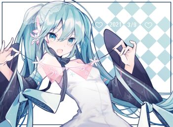 1girl 39 aqua_eyes aqua_hair aqua_ribbon bare_shoulders black_ribbon black_sleeves checkered_background chuuko_anpu dated detached_sleeves dress floral_print flower hair_flower hair_ornament hands_up hatsune_miku heart holding holding_string leaning_back long_hair looking_at_viewer neck_ribbon open_mouth pink_flower ribbon smile solo strapless strapless_dress string string_of_flags striped_ribbon twintails upper_body very_long_hair vocaloid white_dress