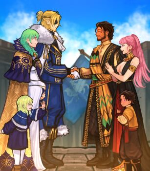 3boys 3girls aged_up ascot beard black_boots blonde_hair blue_coat blue_eyes blue_flag boots breasts brown_hair child claude_von_riegan claude_von_riegan_(distant_deer) claude_von_riegan_(timeskip) cleavage closed_eyes closed_mouth coat commentary cosplay dark-skinned_male dark_skin day dimitri_alexandre_blaiddyd dimitri_alexandre_blaiddyd_(stargazing_lion) dimitri_alexandre_blaiddyd_(timeskip) dress earrings english_commentary eyepatch facial_hair facing_another father_and_daughter father_and_son female_byleth_(awakened)_(fire_emblem) female_byleth_(fire_emblem) fire_emblem fire_emblem:_three_houses flag from_side fur-trimmed_coat fur_trim gloves green_eyes green_hair hand_on_own_stomach handshake highres hilda_valentine_goneril hilda_valentine_goneril_(timeskip) husband_and_wife if_they_mated jewelry long_hair looking_at_another medium_breasts medium_hair mother_and_daughter mother_and_son multiple_boys multiple_girls nintendo own_hands_together palms_together pink_eyes pink_hair pregnant rhea_(fire_emblem) rhea_(fire_emblem)_(cosplay) ring sethkiel smile standing waving wedding_ring white_ascot white_dress white_gloves