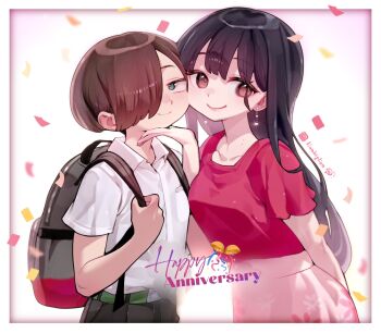 1boy 1girl anniversary backpack bag belt black_hair black_pants blue_eyes boku_no_kokoro_no_yabai_yatsu brown_eyes brown_hair cheek-to-cheek collarbone confetti earrings green_belt hair_over_one_eye hand_on_another&#039;s_chin happy_anniversary heads_together highres holding_strap ichikawa_kyoutarou instagram_logo instagram_username jewelry lianbiglian long_hair looking_at_another mole mole_on_neck pants pink_skirt red_shirt shirt short_hair short_sleeves skirt smile upper_body white_shirt yamada_anna