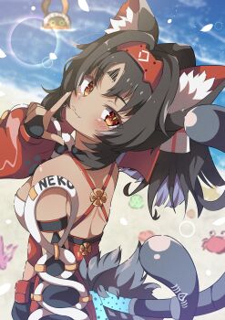 1girl absurdres animal_ear_fluff animal_ears beach black_hair blush cat_ears cat_girl cat_tail closed_mouth commentary_request dark-skinned_female dark_skin detached_sleeves eous_(zenless_zone_zero) facial_mark fang forehead_tattoo from_side hair_intakes hairband hand_up highres looking_at_viewer looking_back mikoshi_(user_wvyd4348) multiple_tails nekomiya_mana outdoors red_eyes red_hairband short_hair standing tail tattoo triangle triangle_facial_mark two_tails v zenless_zone_zero