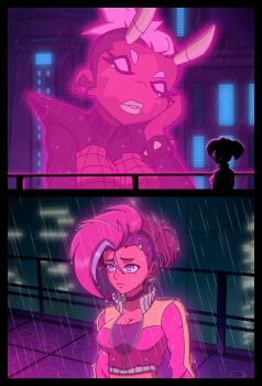 2girls absurdres alternate_hairstyle artist_request blade_runner_(series) blade_runner_2049 blue_eyes bracelet breasts building dark-skinned_female dark_skin ear_piercing highres hologram horns jewelry large_breasts lips meme moika_(moikaloop) multiple_girls neon_lights night piercing pink_hair rain sad short_hair spiked_bracelet spiked_hair spikes synica_(moikaloop) water wet white_hair you_look_lonely_(meme)
