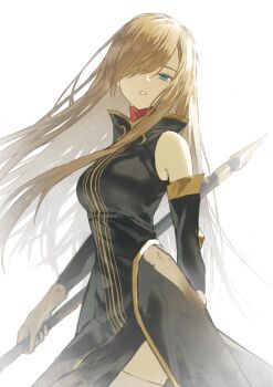 1girl black_dress blue_eyes brown_hair commentary_request detached_sleeves dress eyes_visible_through_hair fagi_(kakikaki) hair_over_one_eye holding holding_polearm holding_weapon long_hair looking_at_viewer open_mouth polearm sleeveless sleeveless_dress solo tales_of_(series) tales_of_the_abyss tear_grants very_long_hair weapon white_background