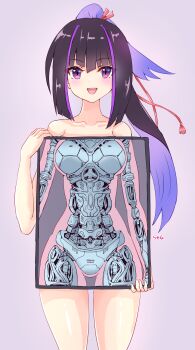1girl absurdres android blush breasts commission completely_nude happy highres holding karasuba_(prima_doll) long_hair looking_at_viewer machine mechabare medium_breasts metal multicolored_hair nude open_mouth pixiv_commission prima_doll_(anime) purple_eyes rasen_manga ribbon robot_girl screen simple_background skeleton smile solo x-ray