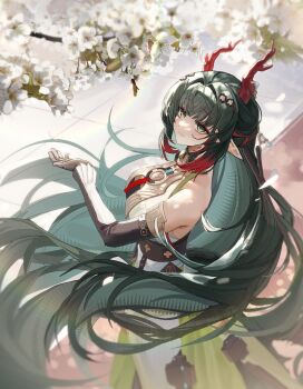 Rule 34 | 1girl, absurdres, arknights, arknights: endfield, bare shoulders, black gloves, black hair, breasts, closed mouth, commentary request, dragon girl, dragon horns, eastern dragon horns, flower, get sung 03, gloves, gradient hair, green eyes, green hair, hair between eyes, highres, horns, large breasts, long hair, looking at viewer, multicolored hair, pointy ears, red hair, red horns, solo, tail, upper body, very long hair, white flower, zhuang fangyi (arknights)