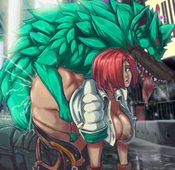 1girl absurdres bestiality brazil breasts dark_skin dark-skinned_female giovanna_(guilty_gear) guilty_gear guilty_gear_strive highres monster nipples red_hair reliusmax sex