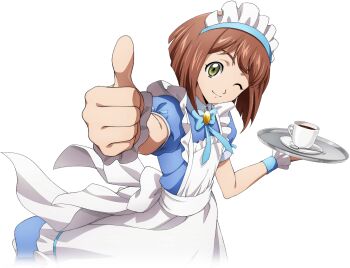 alternate_costume apron blue_dress blue_ribbon brown_hair closed_mouth code_geass code_geass:_dakkan_no_roze code_geass:_lost_stories coffee cup dress enmaided f4samurai game_cg green_eyes maid maid_apron maid_headdress mei_ema official_art one_eye_closed ribbon short_hair smile white_apron